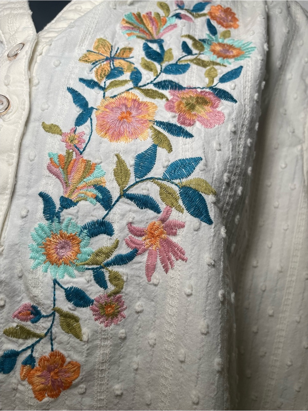 Women’s L Ivory Floral Embroidered Cotton Blouse Boho Ruffle Tunic Top - Picture 5 of 8